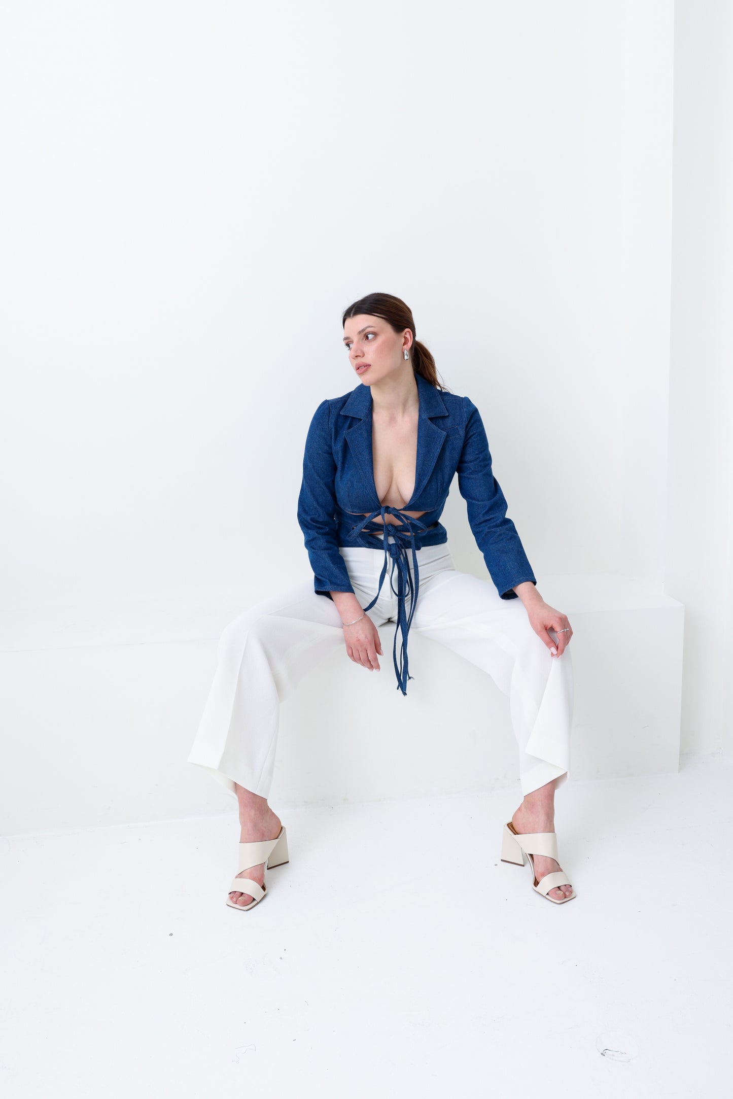 Lace-Up Cropped Denim Blazer